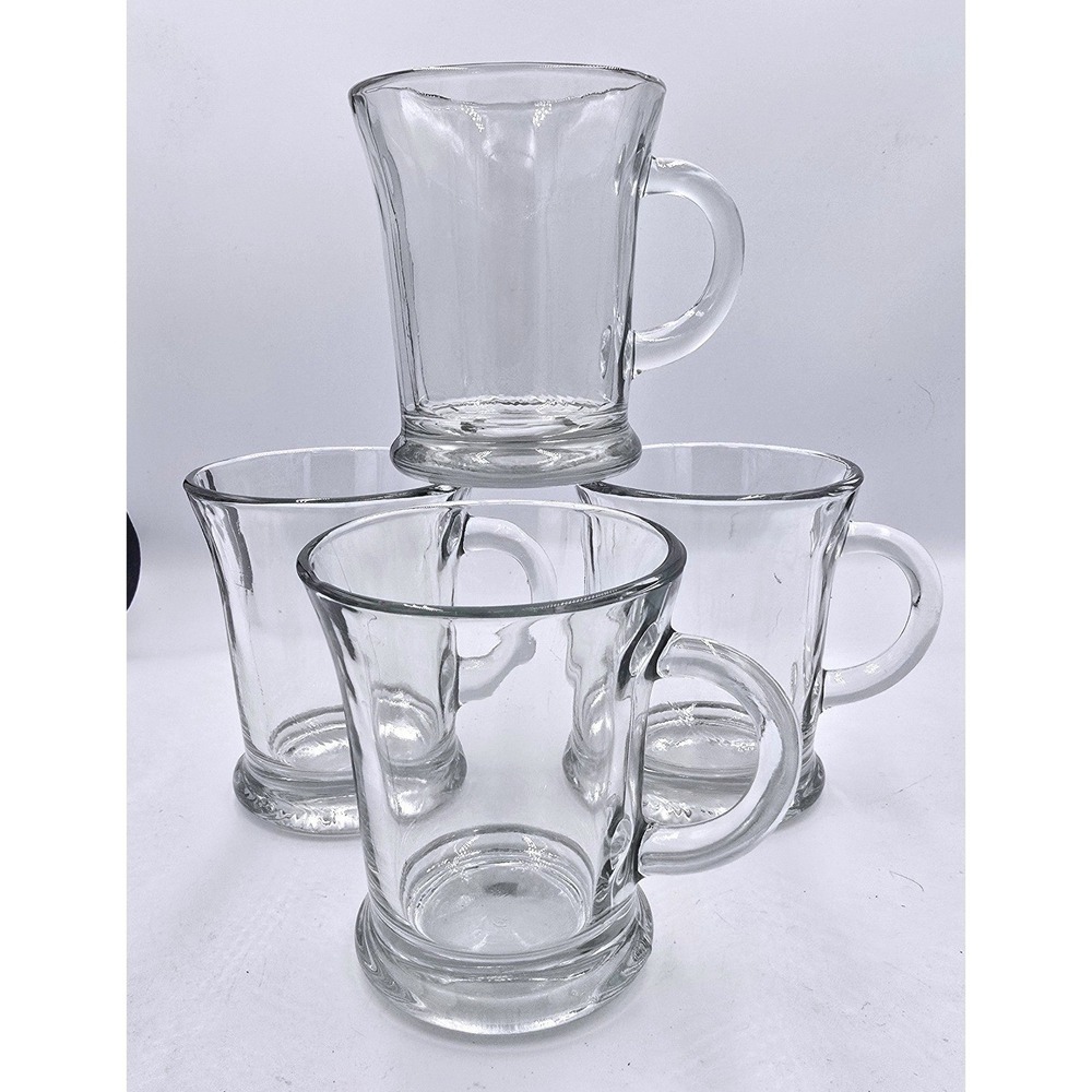 Set of 4 Clear Glass Anchor Hocking Vintage‎ Footed Cafe Coffee Tea Mugs